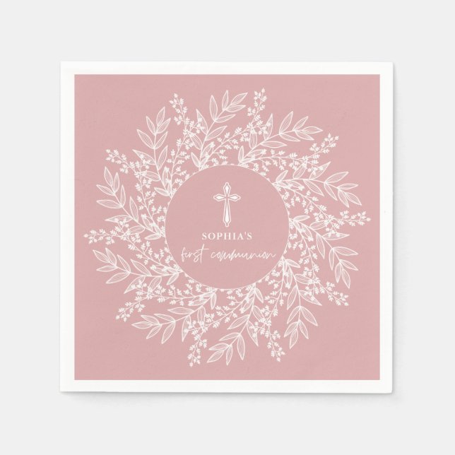 Elegant Wreath and Cross Pink Girl First Communion Pappersservett (Framsidan)