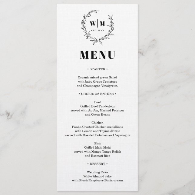 Elegant Wreath Monogram Wedding Menu Inbjudningar (Framsida)