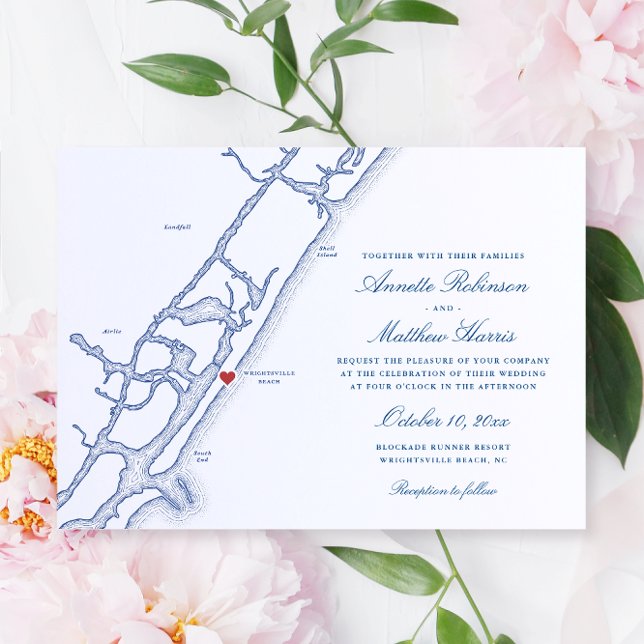 Elegant Wrighttsville Beach NC Karta Bröllop Inbjudningar (Elegant Wrightsville Beach NC Wedding Invitation with navy blue Map from Coastal Map Designs)