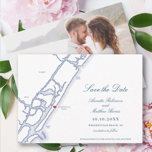 Elegant Wrighttsville Beach NC Karta Bröllop Spara Datumet (Wrightsville Beach Wedding Save the Date with elegant navy blue North Carolina Map and photo back)