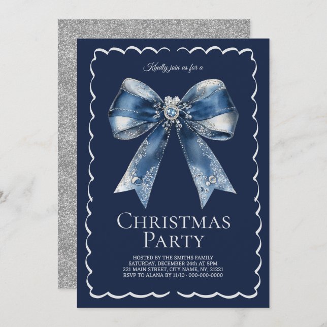 Elegant XL Bow Blue Silver Glitter jul Party Inbjudningar (Fram/baksida)