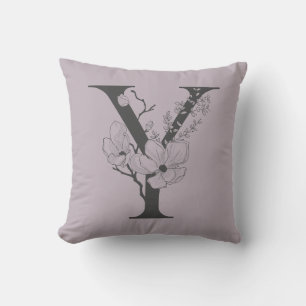 Elegant Y Boho Blommigt Monogram Initial Lilac Grå Kudde