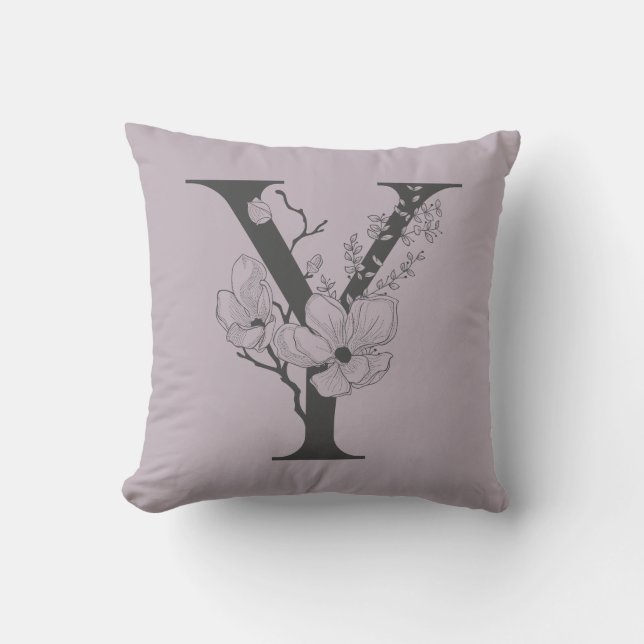 Elegant Y Boho Blommigt Monogram Initial Lilac Grå Kudde (Framsida)