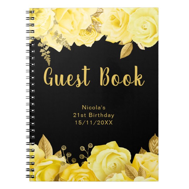 Elegant Yellow and Gold Flower Birthday Guest Book Anteckningsbok (Framsidan)
