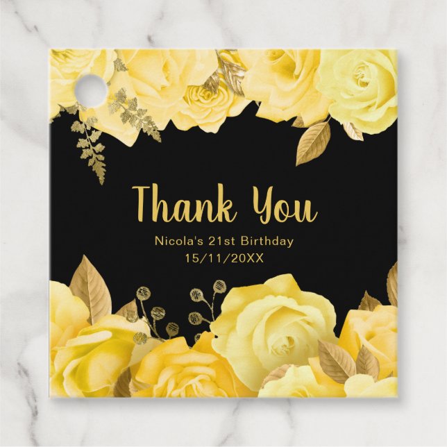 Elegant Yellow and Gold Flowers Birthday Party Gåvor Etiketter (Framsida)