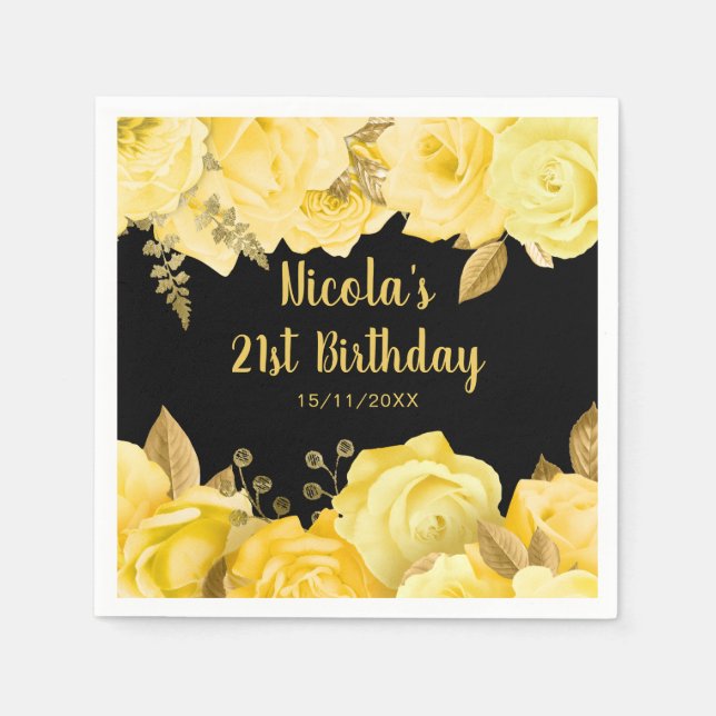 Elegant Yellow and Gold Flowers Birthday Party Pappersservett (Framsidan)