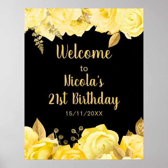 Elegant Yellow and Gold Flowers Birthday Party Poster (Framsidan)