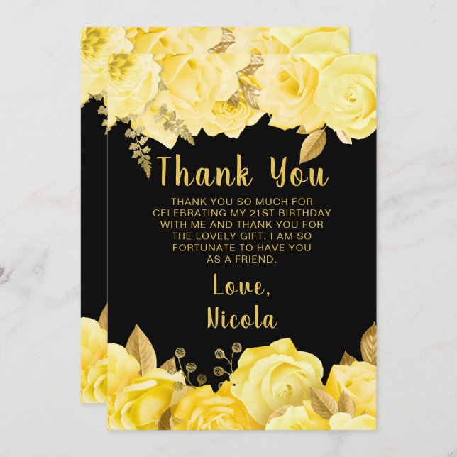 Elegant Yellow and Gold Flowers Birthday Party Tack Kort (Fram/baksida)