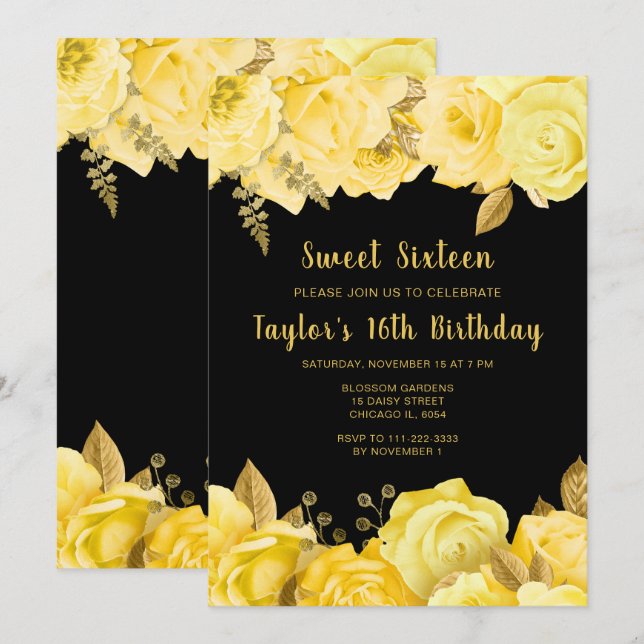Elegant Yellow and Gold Flowers Sweet Sixteen Inbjudningar (Fram/baksida)