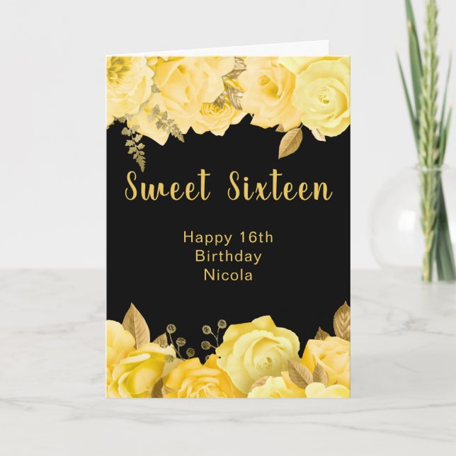 Elegant Yellow and Gold Flowers Sweet Sixteen Kort (Framsida)