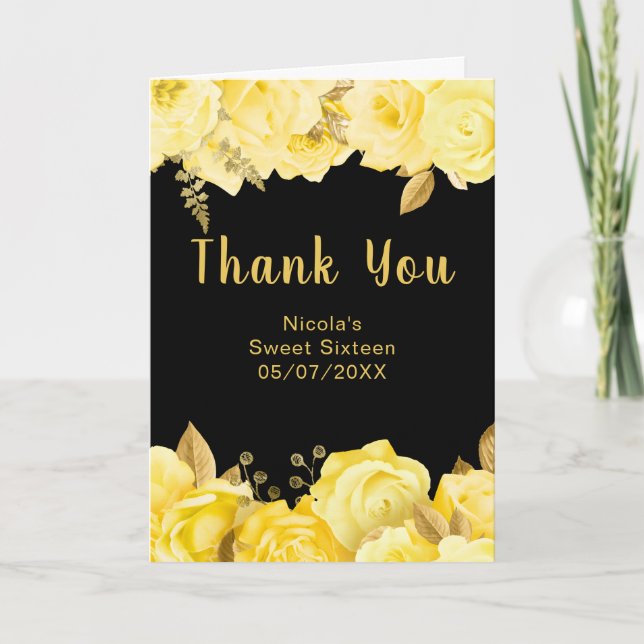 Elegant Yellow and Gold Flowers Sweet Sixteen Tack Kort (Framsida)