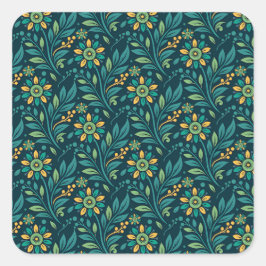 Elegant Yellow and Teal Floral Pattern Design Fyrkantigt Klistermärke