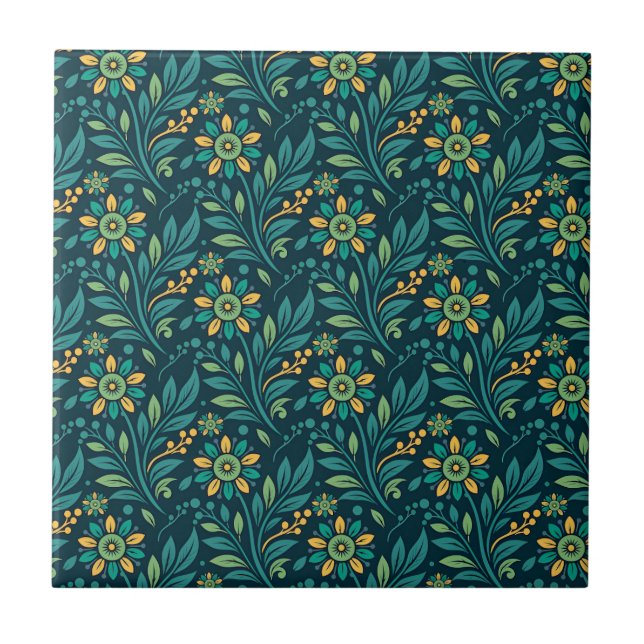 Elegant Yellow and Teal Floral Pattern Design Kakelplatta (Framsidan)