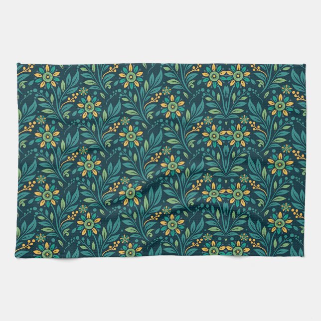Elegant Yellow and Teal Floral Pattern Design Kökshandduk (Horisontell)