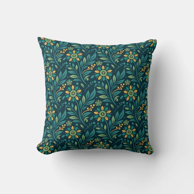 Elegant Yellow and Teal Floral Pattern Design Kudde (Framsida)