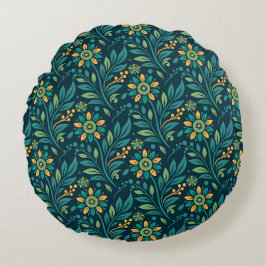 Elegant Yellow and Teal Floral Pattern Design Rund Kudde