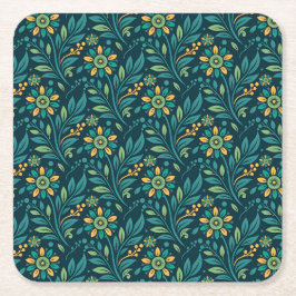 Elegant Yellow and Teal Floral Pattern Design Underlägg Papper Kvadrat