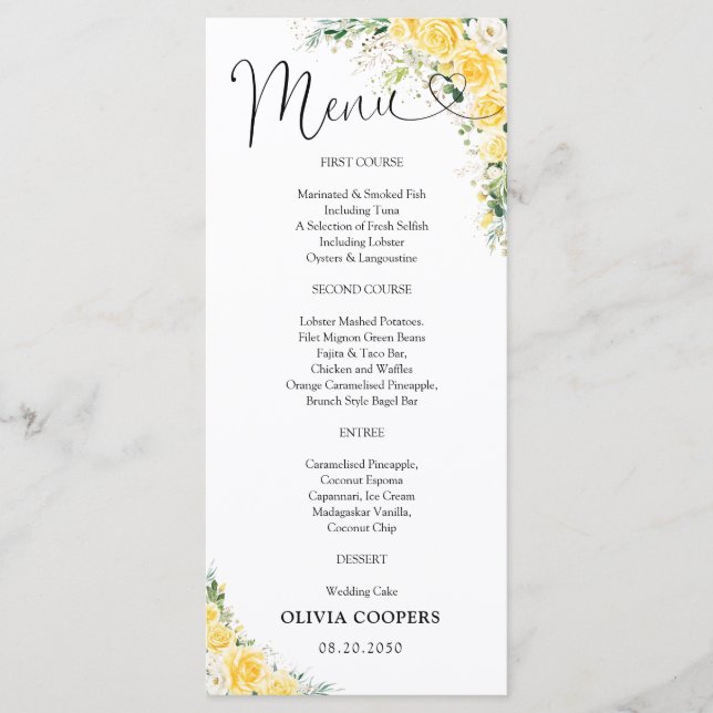 Elegant Yellow Baby Shower  Menu Meny (Framsida)