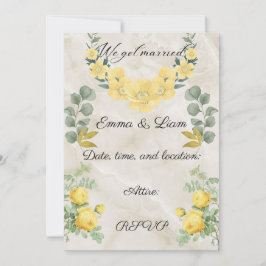 Elegant Yellow Floral and Marble Wedding Invitatio Kort