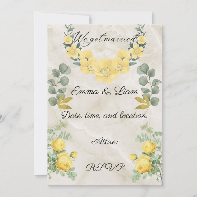 Elegant Yellow Floral and Marble Wedding Invitatio Kort (Framsida)