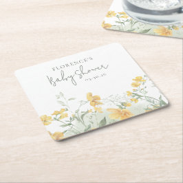 Elegant Yellow Floral Baby Shower Underlägg Papper Kvadrat