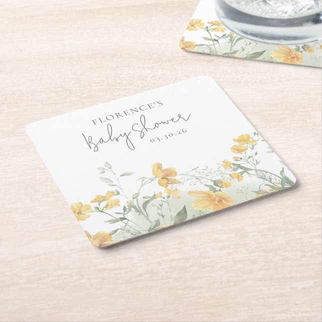Elegant Yellow Floral Baby Shower Underlägg Papper Kvadrat (Vinklad)