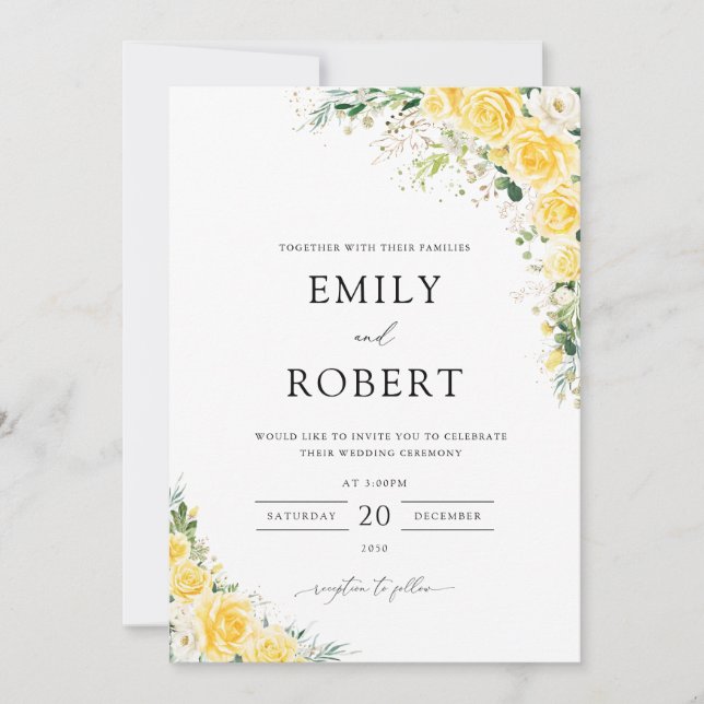 Elegant Yellow Floral Wedding Invitation Inbjudningar (Framsida)