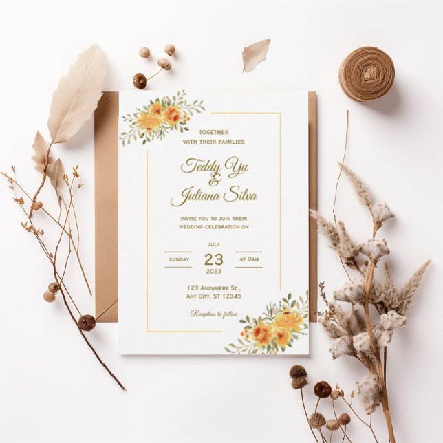 Elegant Yellow Orange Floral Wedding Invitation Inbjudningar (Skapare uppladdad)