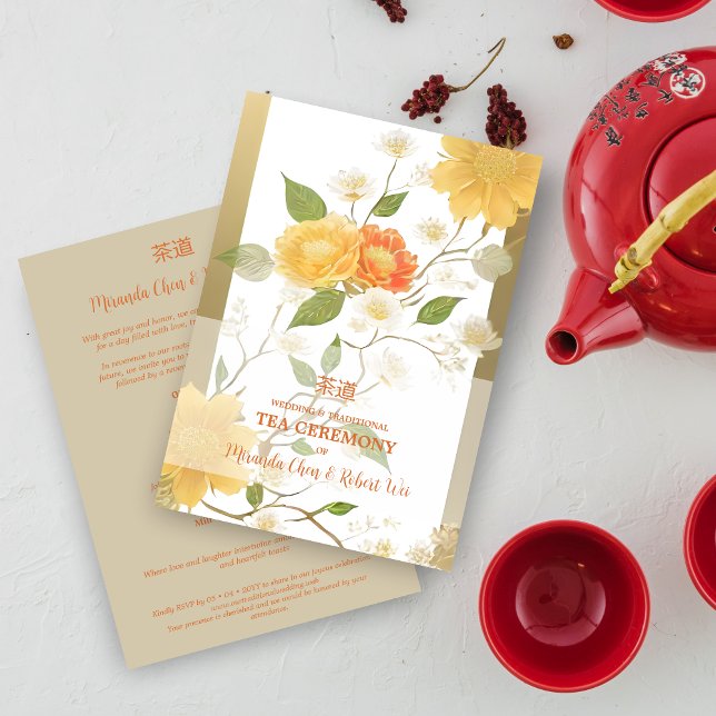 Elegant Yellow & Orange Shades Floral Chinese Tea  Inbjudningar (Elegant Yellow & Orange Shades Floral Chinese Tea Ceremony and Wedding Invitation with Envelope.)