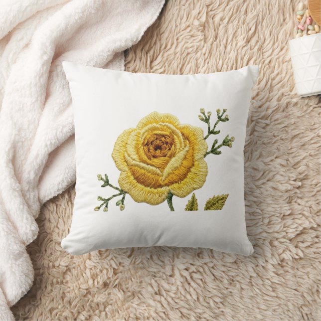 Elegant Yellow Rose Faux Embroidery Throw Pillow Kudde (Filt)