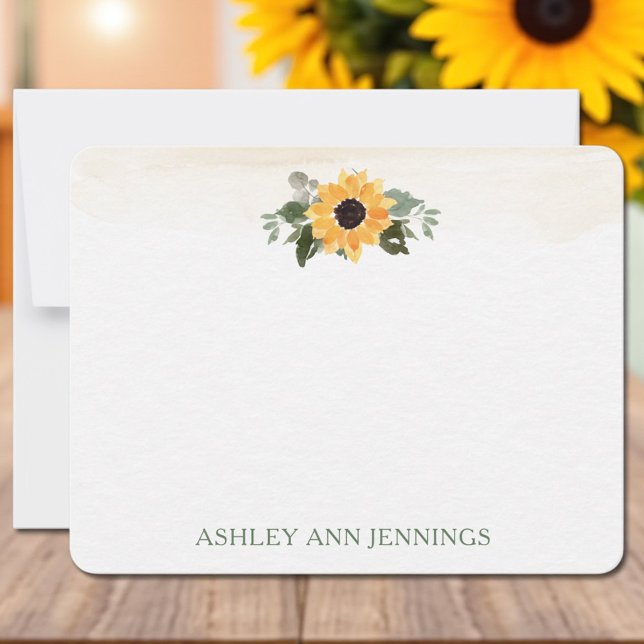 Elegant Yellow Sunflower Personalized Stationery Anteckningskort (Elegant sunflower watercolor personalized stationery notecard with custom name)