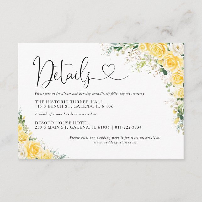 Elegant Yellow Wedding Details Card Tilläggskort (Framsida)