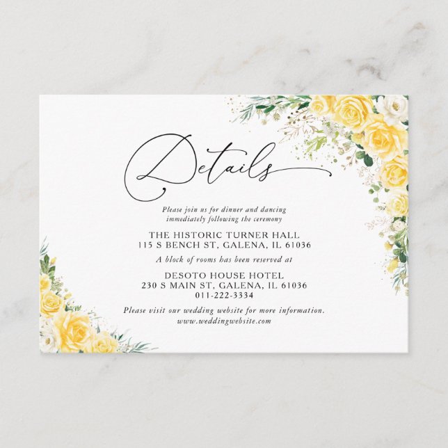 Elegant Yellow Wedding Details Card Tilläggskort (Framsida)
