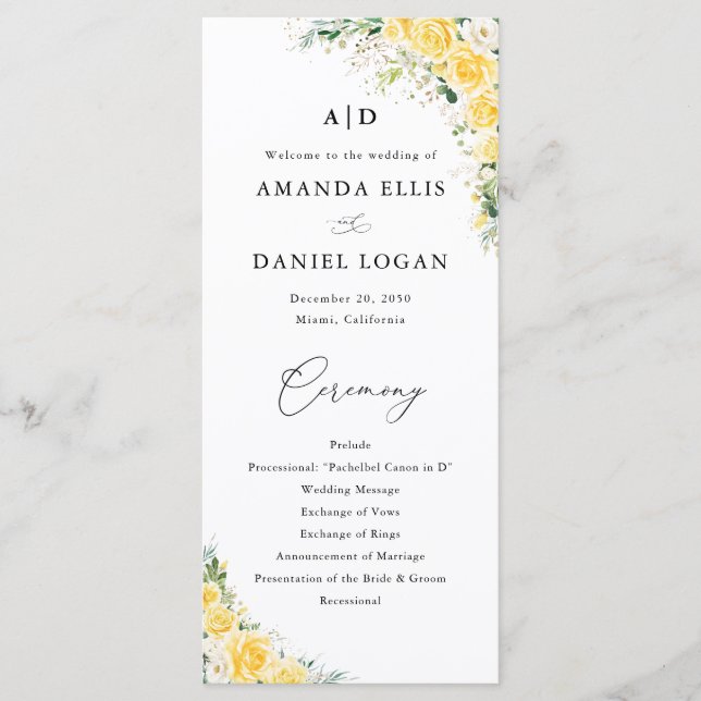 Elegant Yellow Wedding Program (Framsida)