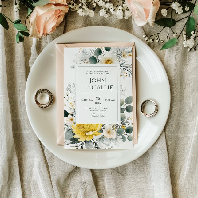 Elegant Yellow White Floral Eucalyptus Watercolor Inbjudningar (Skapare uppladdad)