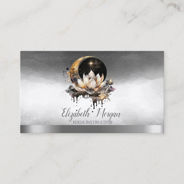 Elegant yogainstruktör Lotus Moon Sun Silver Visitkort (Framsida)