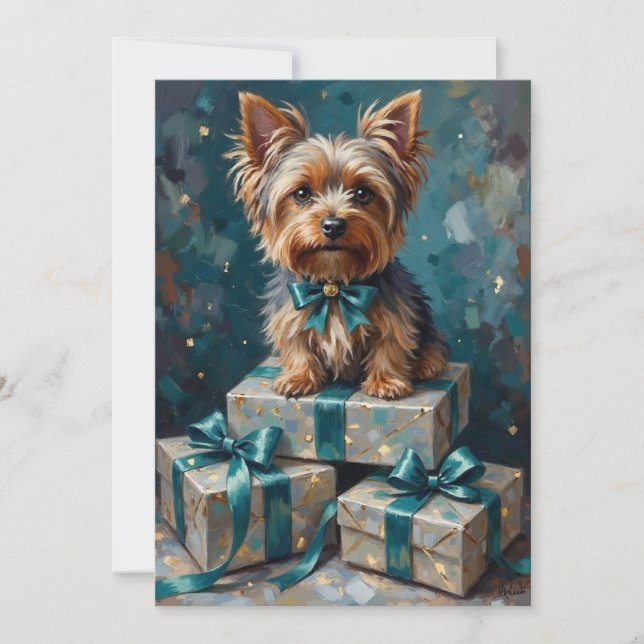 Elegant Yorkshire Terrier Dog Holiday Gift Stack Julkort (Framsida)