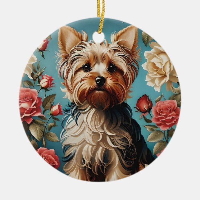 Elegant Yorkshire Terrier Porträtt Ro Garden Julgransprydnad Keramik (Framsidan)