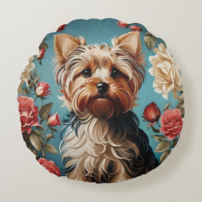 Elegant Yorkshire Terrier Porträtt Ro Garden Rund Kudde (Framsidan)