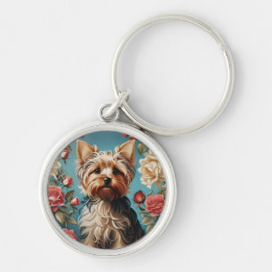 Elegant Yorkshire Terrier Porträtt Ro Garden Rund Silverfärgad Nyckelring