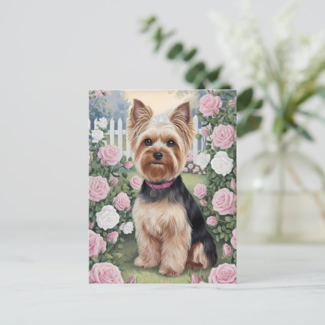 Elegant Yorkshire Terrier Ro Garden Painting Vykort (Stående Fram)