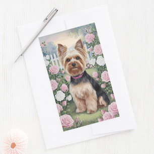 Elegant Yorkshire Terrier Rosenträdgårdsmålning Rektangulärt Klistermärke