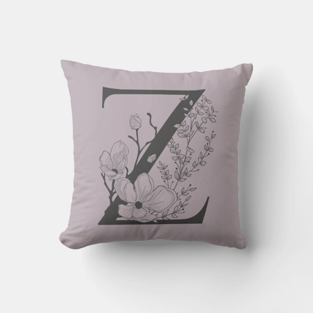 Elegant Z Boho Blommigt Monogram Initial Lilac Grå Kudde (Framsida)
