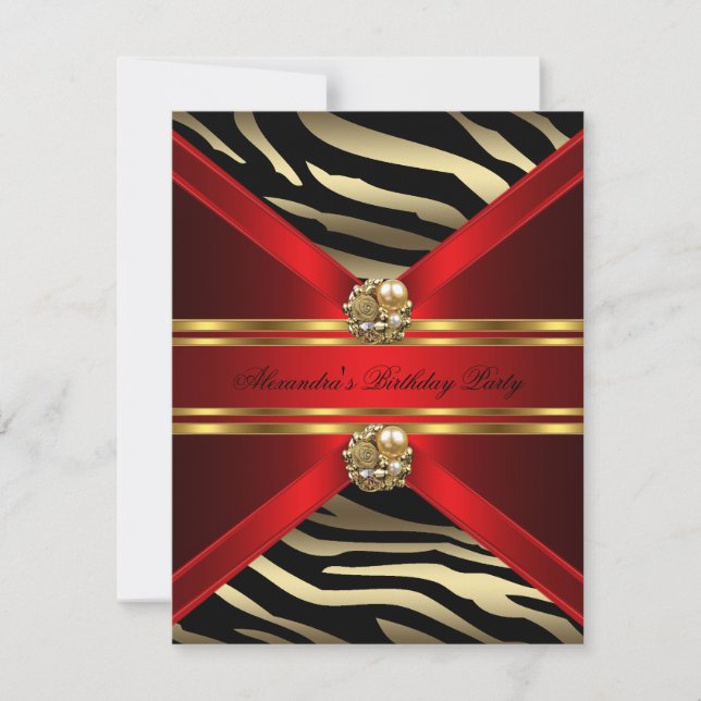 Elegant Zebra Animal Regal Red Guld Black Birthday Inbjudningar (Framsida)
