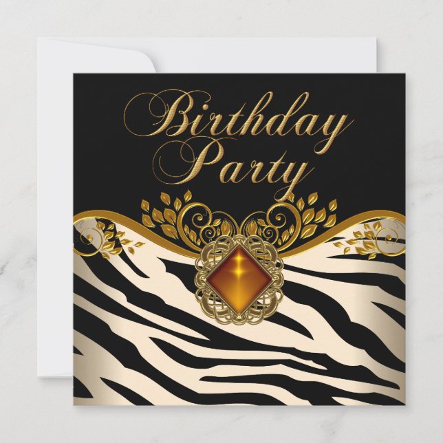 Elegant Zebra Caramel Amber Black Guld Birthday Inbjudningar (Framsida)