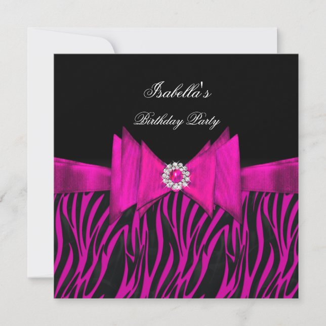 Elegant Zebra Födelsedagsfest Hot Pink Svart Inbjudningar (Framsida)
