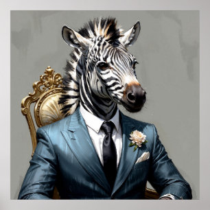 Elegant Zebra i Blue Kostym Porträtt Painting Poster