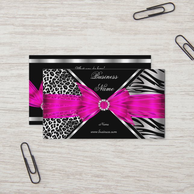 Elegant Zebra Leopard Svart Hot pink 2 Visitkort (Fram/Back In Situ)