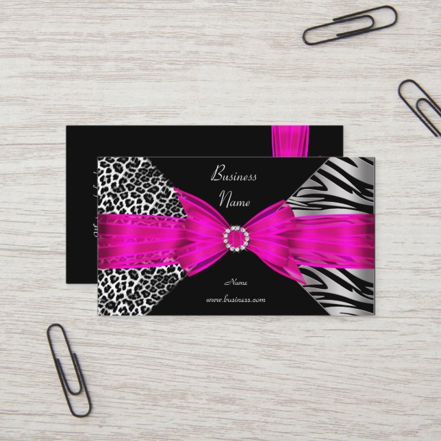 Elegant Zebra Leopard Svart Hot pink Visitkort (Fram/Back In Situ)
