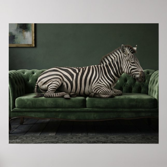 Elegant zebra på grön sammetssoffa poster (Framsidan)